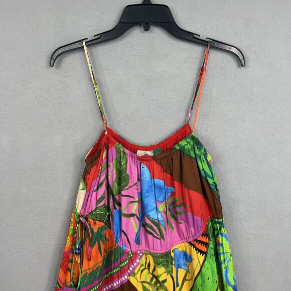 Farm Rio Dress Womens Large Bright Palila Fringed Midi Tropical Boho Beaded Loud - Picture 2 of 16
